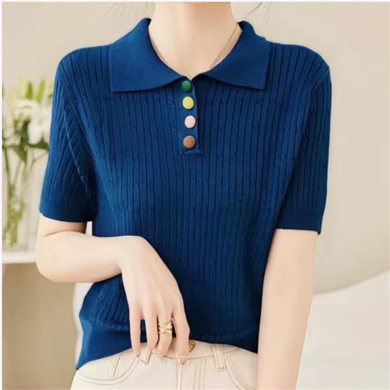 Loose Fit Cable Knit Polo Collar Sweater T-Shirt for Women, Summer Thin Style, Slimming Short Design with Cinched Waist