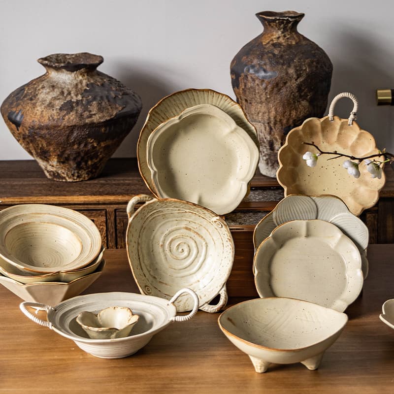 Vintage Rustic Pottery Tableware Collection Handcrafted Earthenware Salad Bowls, Serving Plates, Dipping Dishes, and Fruit Platters for Restaurants and Guesthouses