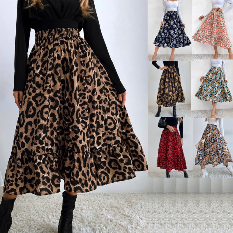 G-# Amazon European and American style women's mid-length skirt, leopard print simple and fashionable fitted A-line skirt