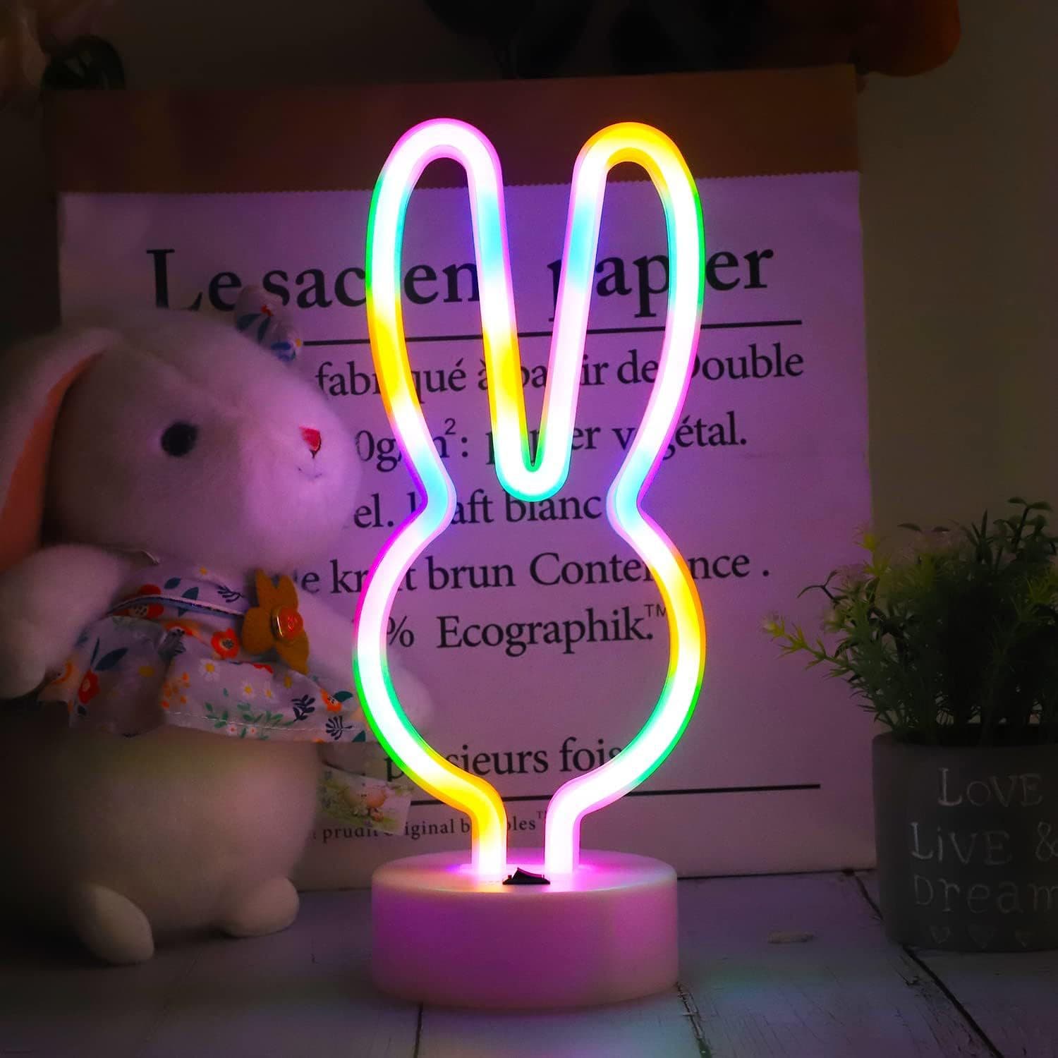 LED Neon Light Base Rabbit Head Shape Easter Decorative Ambient Night Light, Ins Internet-Famous Style Lighting