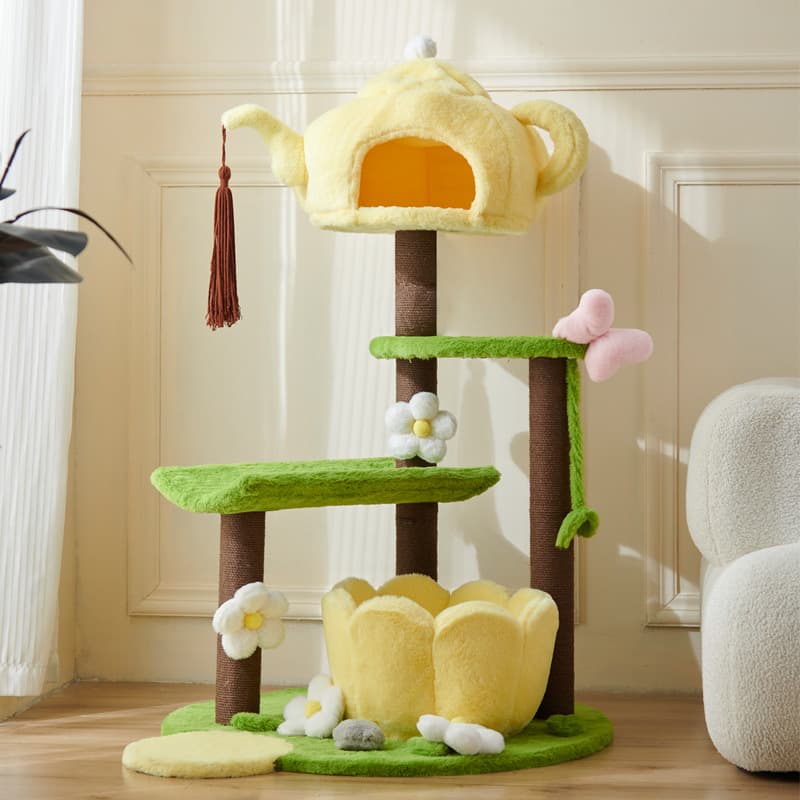 Naughty Spring Tea Style Cat Climbing Frame and Cat House Combo for Small Homes, Space-Saving Cat Tree with Viewing Platform