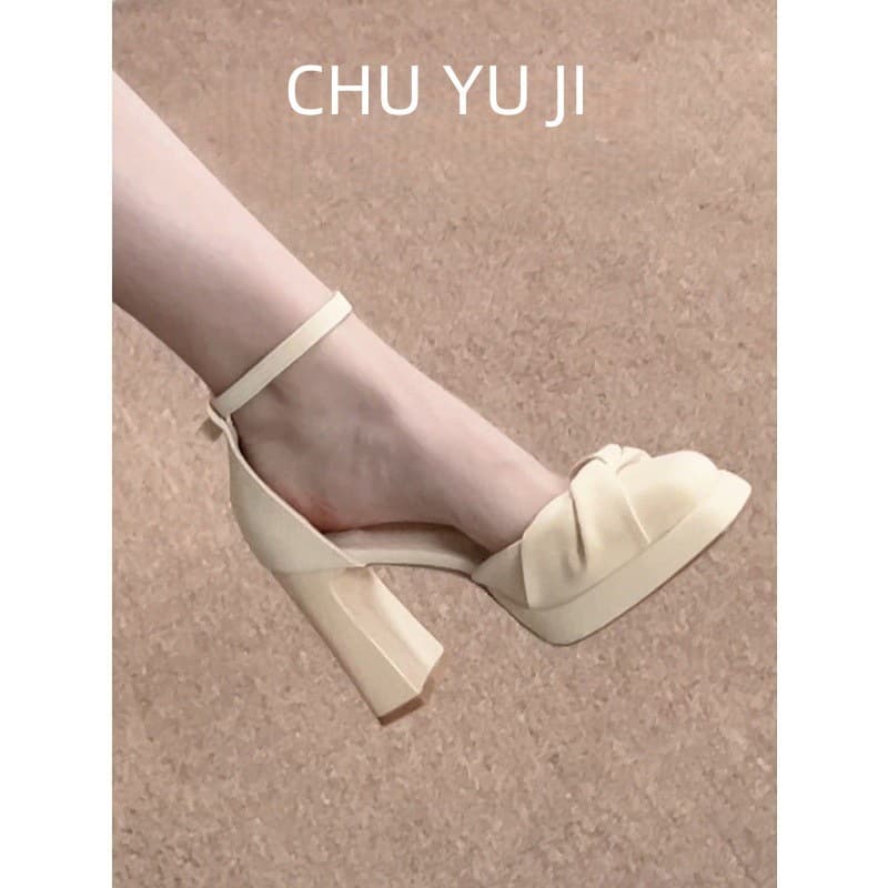 Chuyuji Stunning One-Strap Wrinkled Platform Chunky Heel Women's Elegant Socialite Style Fashion Mary Jane Shoes