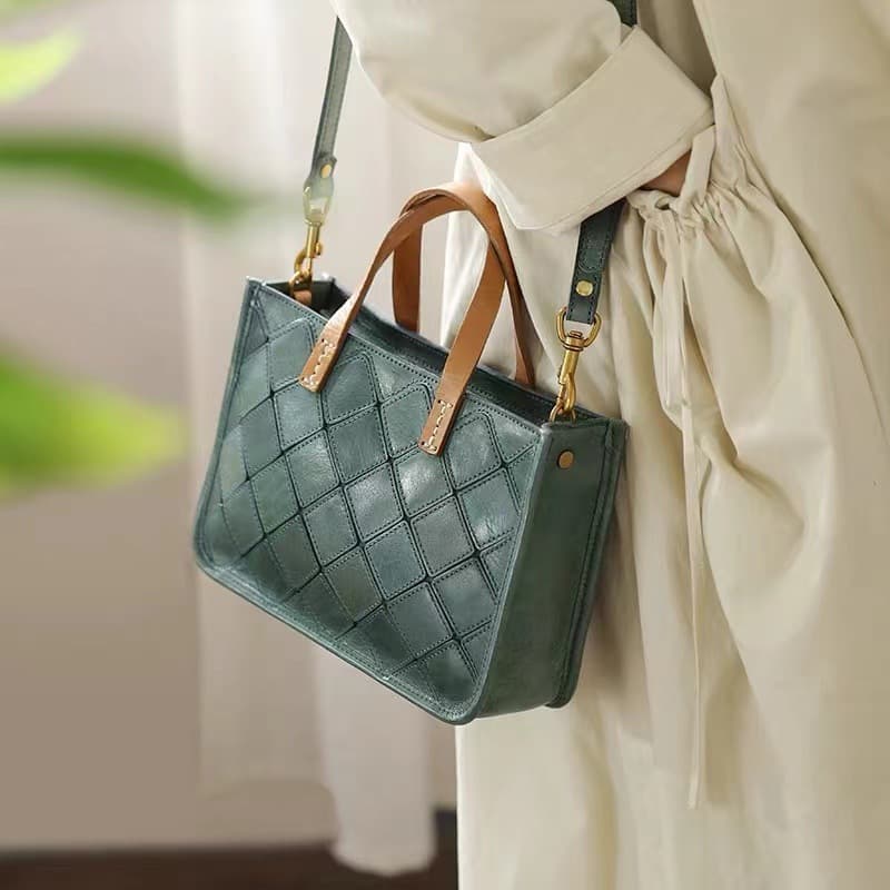 Retro Tannery Cowhide Leather Women's Bag High Quality Geometric Splicing Small Square Bag Crossbody Diamond Pattern Horizontal