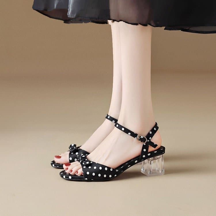 French-Style Polka Dot Transparent Crystal Heel Slip-On Sandals for Women, Summer 2026 New Retro Elegant Square-Toed Sandals