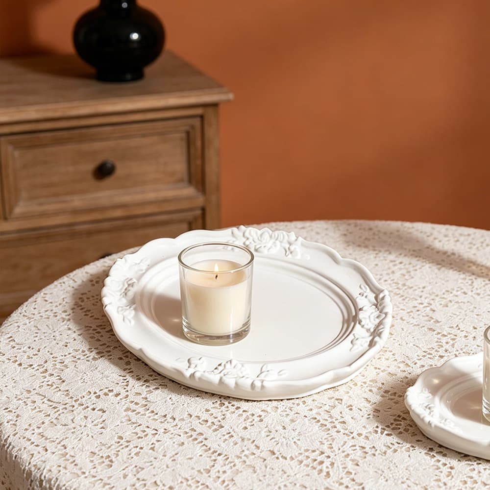 Epoxy Resin DIY European Vintage Simple Relief Lace Round Oval Tray Storage Dish Plaster Silicone Mold