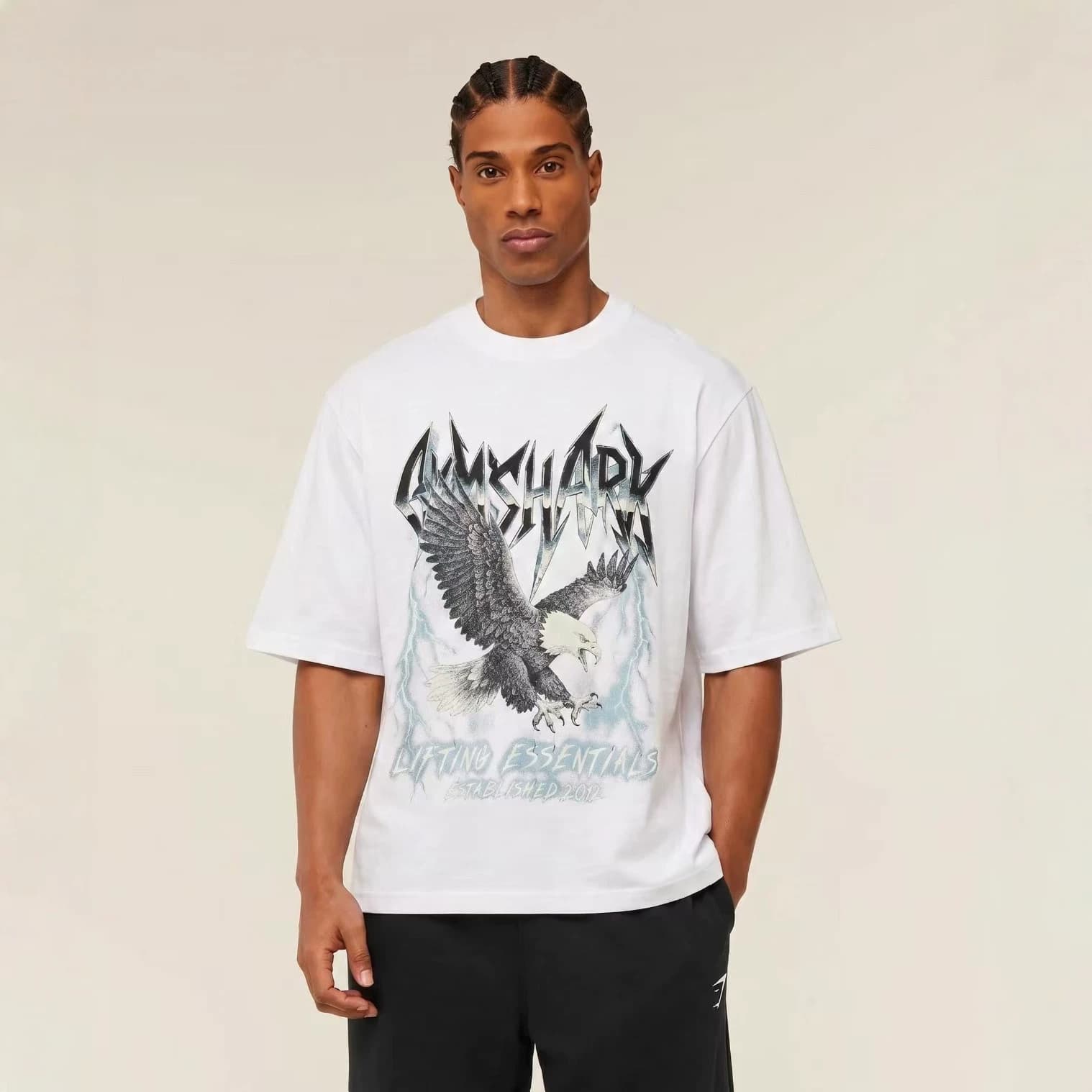 GYMSHARK Muscle Shark Fitness Wear American Street Style Gym Plus Size Printed Fashion Men's T-Shirt