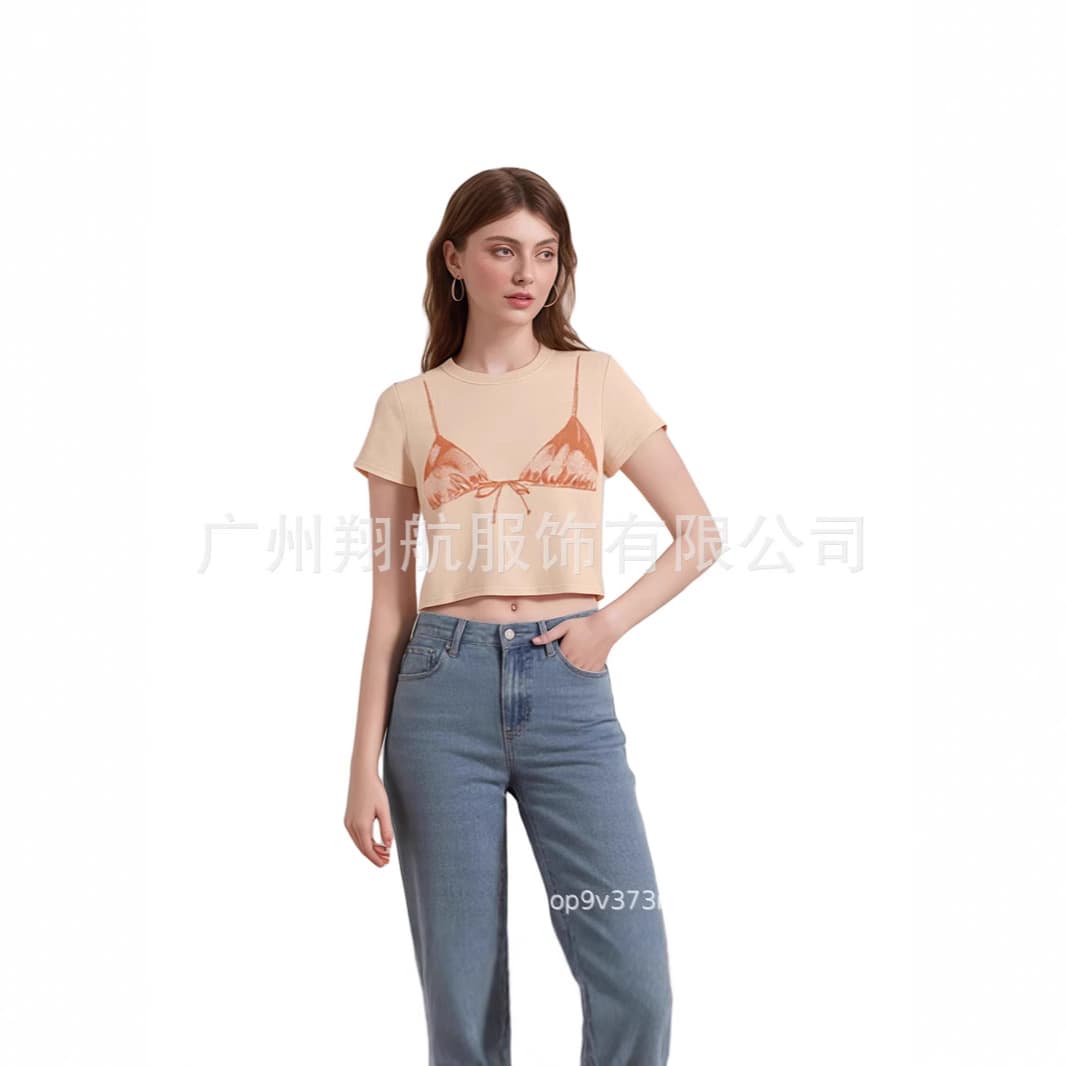 European and American Style Ins Hot Girl Design Short Sleeve T-Shirt Women Sheer Effect Print Cropped Top Summer New