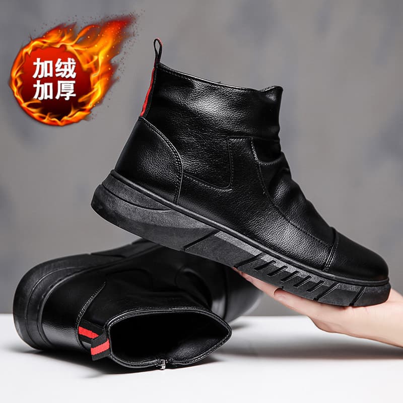 Spring and Autumn New Martin Boots Men Black High Top Boots Fleece Lined Warm British Style Leather Shoes Youth Trendy Men's Shoes