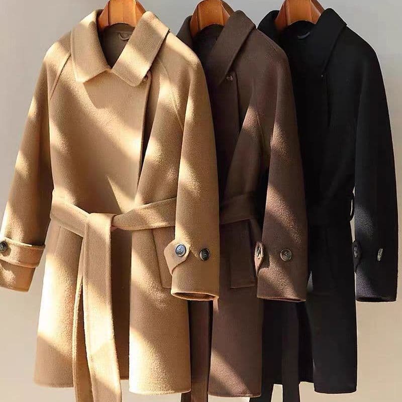 2025 Autumn/Winter New Mid-Length Korean Style Petite Double-Faced Wool Coat Women's High-End Sense Waist-Defining Woolen Hot-Selling