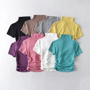 High Neck Fitted Short Sleeve Top Women's European Style New Pure Color Side Pleated Tight Top Y2K Ribbed T-Shirt