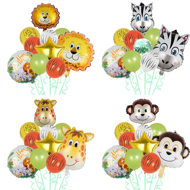 Jungle Animal Head Balloon Theme Tiger Lion Green Forest Animal Set Birthday Decoration Foil Balloons