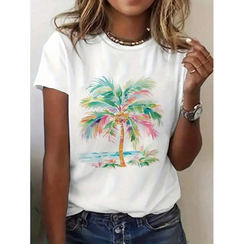 Cross-border Pure Cotton Women's Tropical Palm Tree Beachwear Top