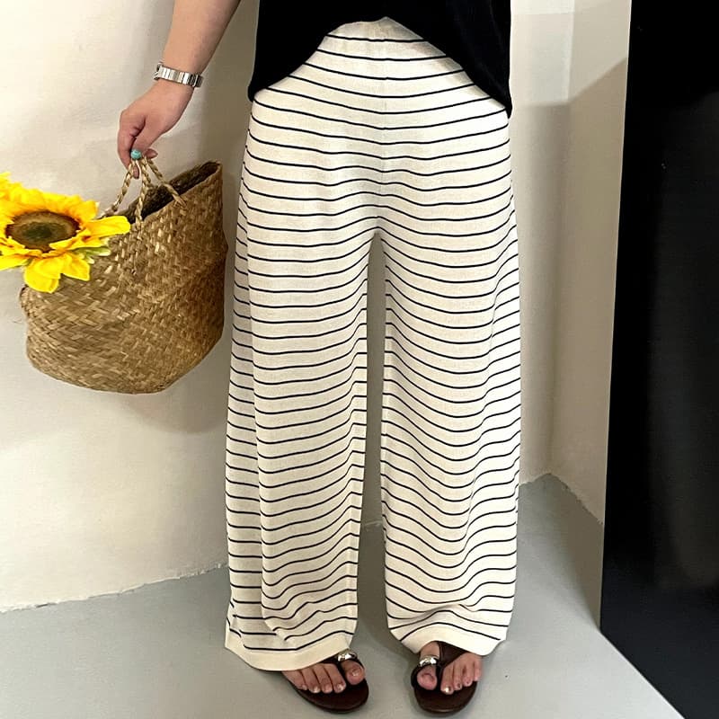 Plus Size Women's High-Waist Loose Casual Knit Pants Straight Leg Pants 2026 Summer Fat mm Versatile Striped Pants 23790