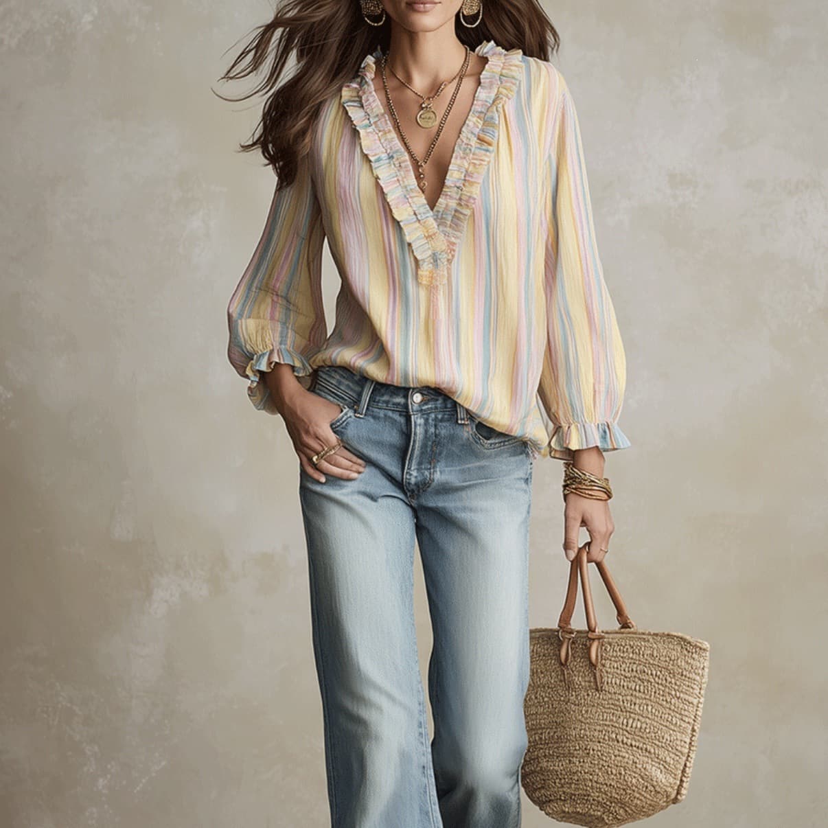 2026 Spring/Fall New Striped V-Neck Ruffled Lantern Sleeve Loose Shirt for Women Casual Vacation Style Long Sleeve Top