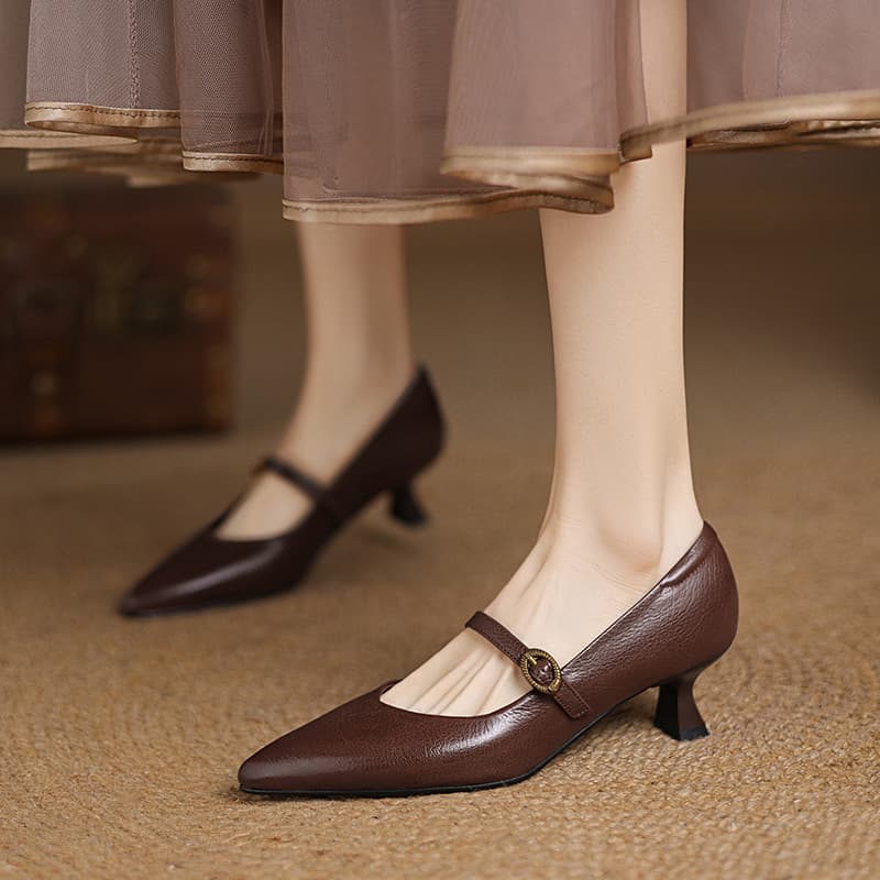 First-Layer Goatskin 4.5cm Kitten Heel Flats 2025 Spring & Fall Seasons Genuine Leather Mid-Heeled Women's Shoes Stiletto Pointed Toe Retro