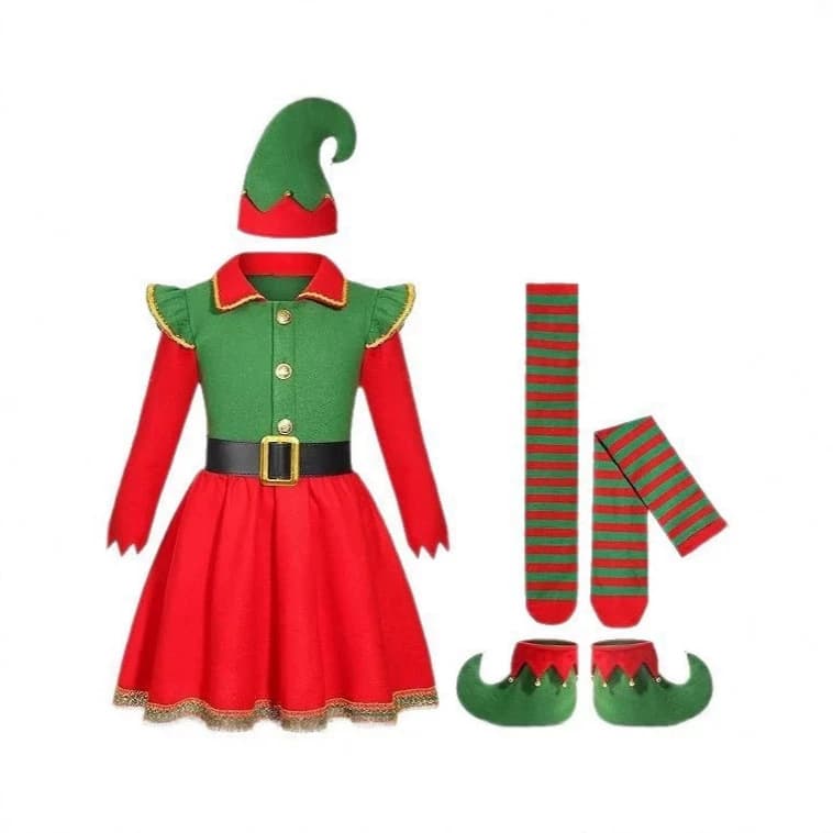 Girls Christmas Elf Costume Santa's Helper Outfit Elf Hat Santa Dress New