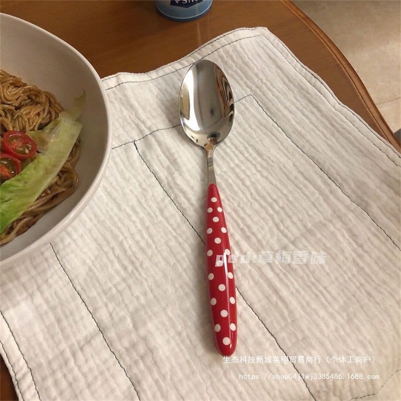 Korean red polka dot breakfast spoon ins style cute dessert ice cream spoon main meal spoon French style