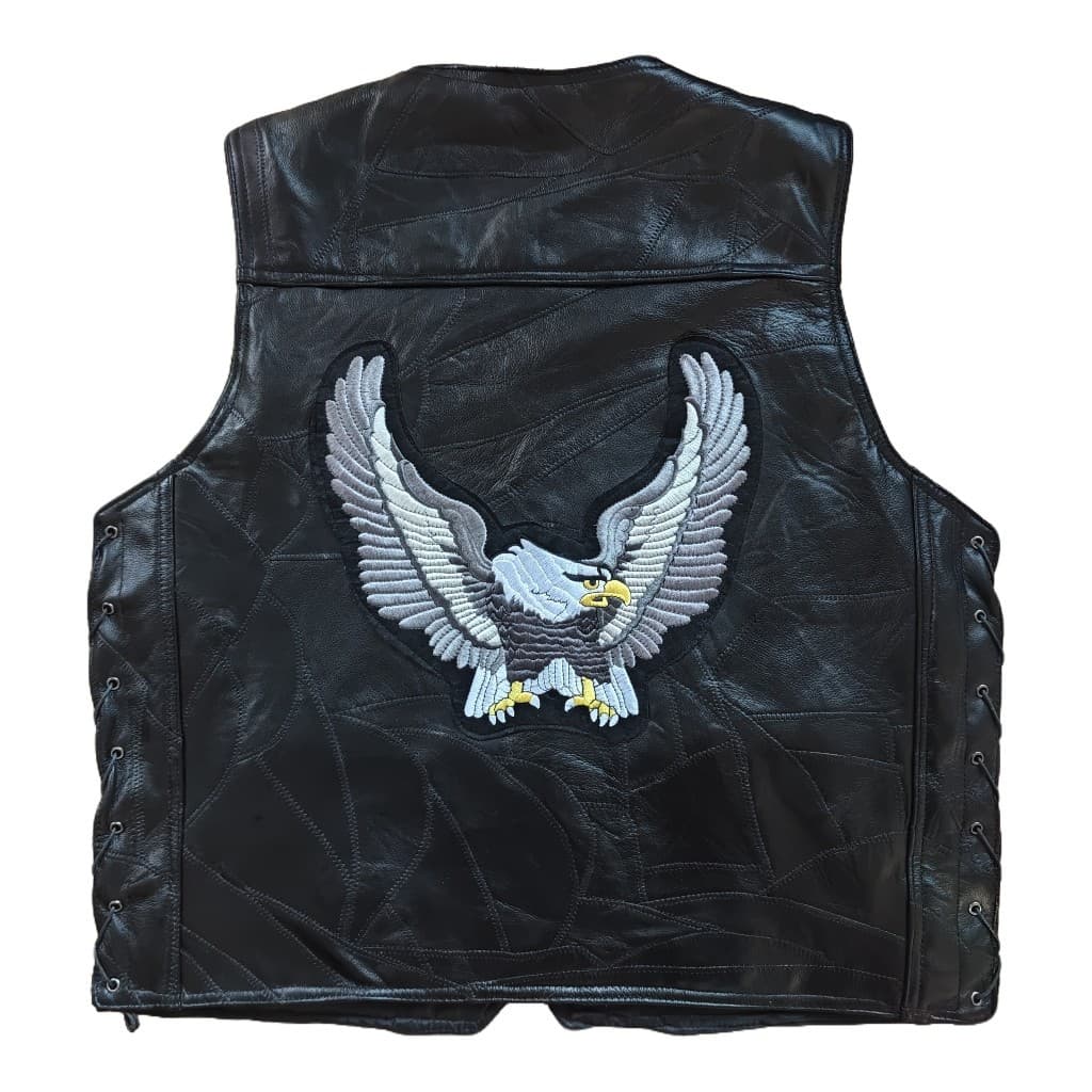European and American Motorcycle Vest Riding Vest Men's Genuine Leather Vest Gray Eagle Embroidery Badge Style Leather Vest