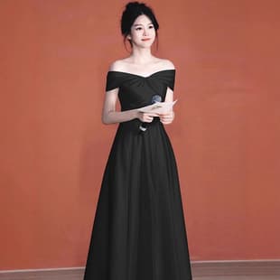 Black Evening Dress One-Shoulder Adult Ceremony High-End French Petite Simple Dress Daily Wear Dress