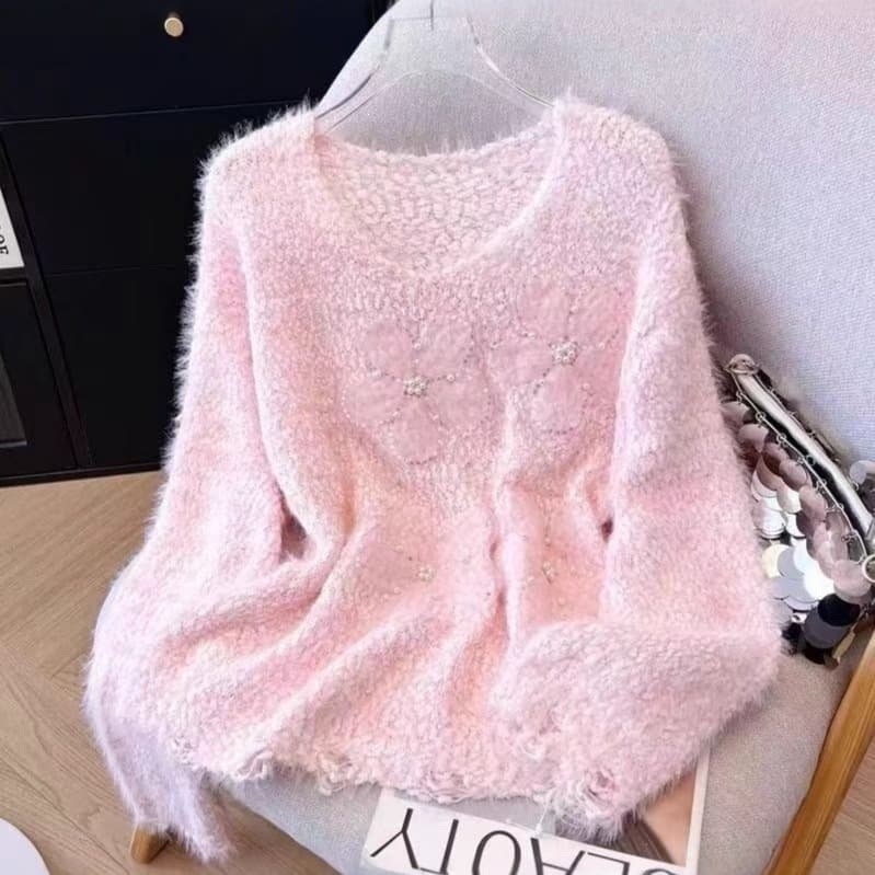 Beaded flower imitation mink knitted sweater for women 2026 autumn and winter new style soft and waxy beautiful sweater pullover top