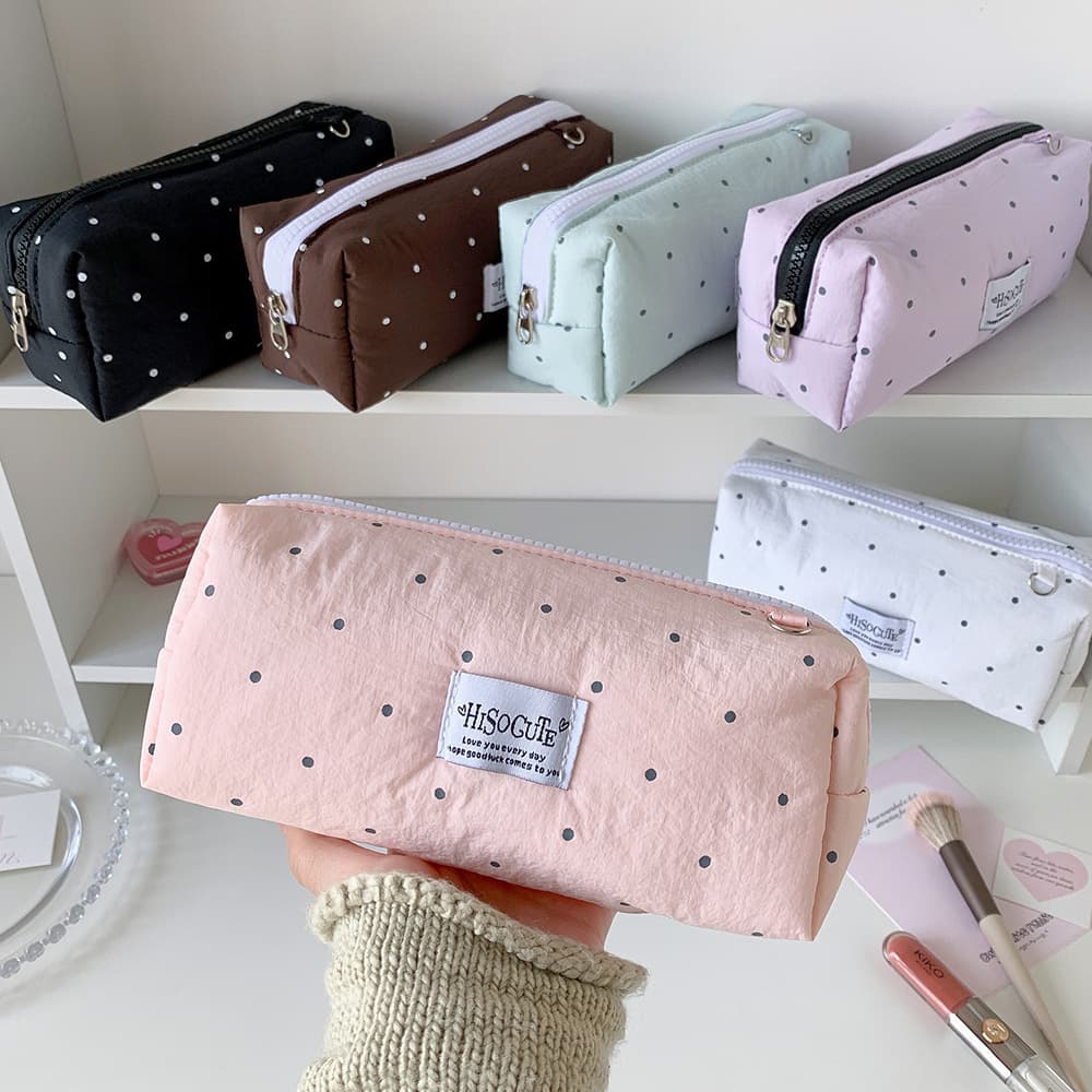 Hisocute student fabric Korean version polka dot solid color pencil bag high-value stationery storage bag portable cosmetic bag for women