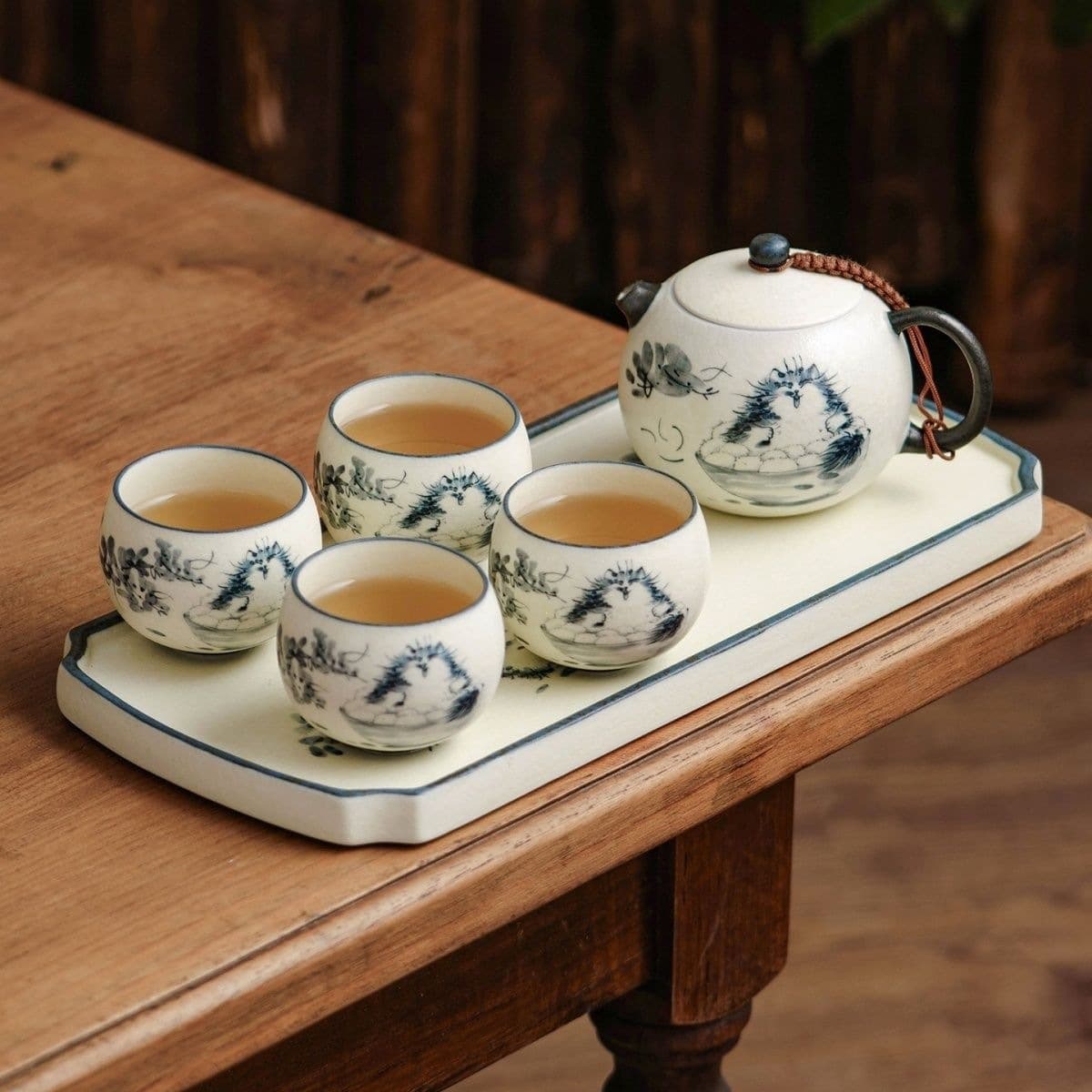 Rock mine white meow tea set gift box handmade ceramic tea cup Chinese style guest cup souvenir cup Kung Fu tea set four people set