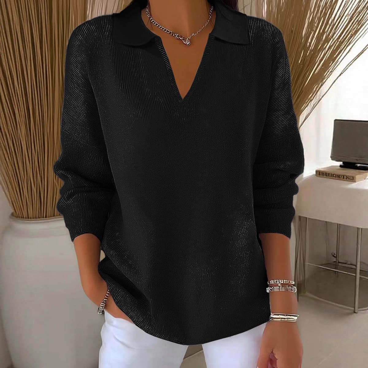 2025 new style temu best-selling 3D digital print women's collar long-sleeve solid color knitted fleece sweater