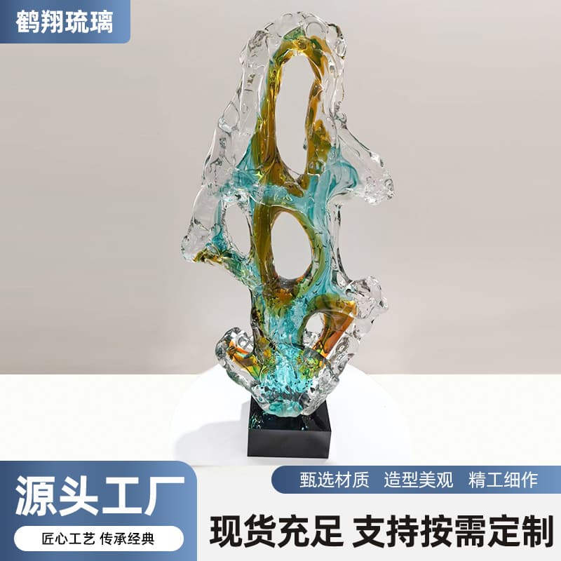 Creative indoor glass art decoration for hotel corridor and entrance, modern Taihu stone ornament