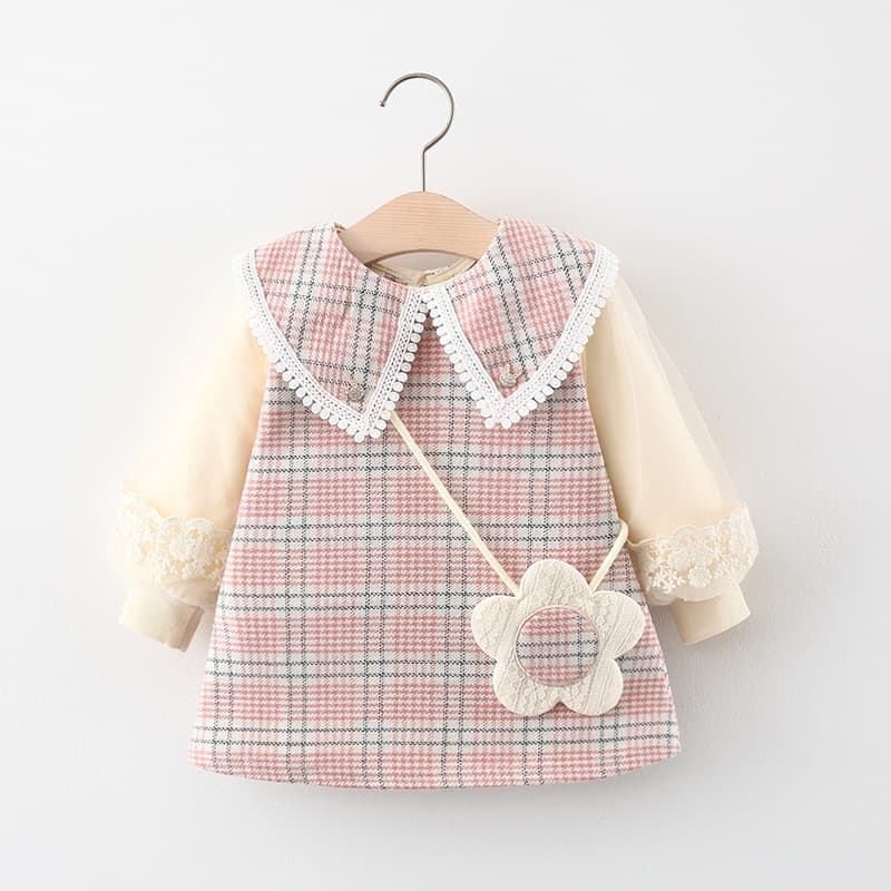 Baby Girl Autumn Lace Mesh Long Sleeve Dress Plaid Peter Pan Collar Toddler Outfit A-Line Dress
