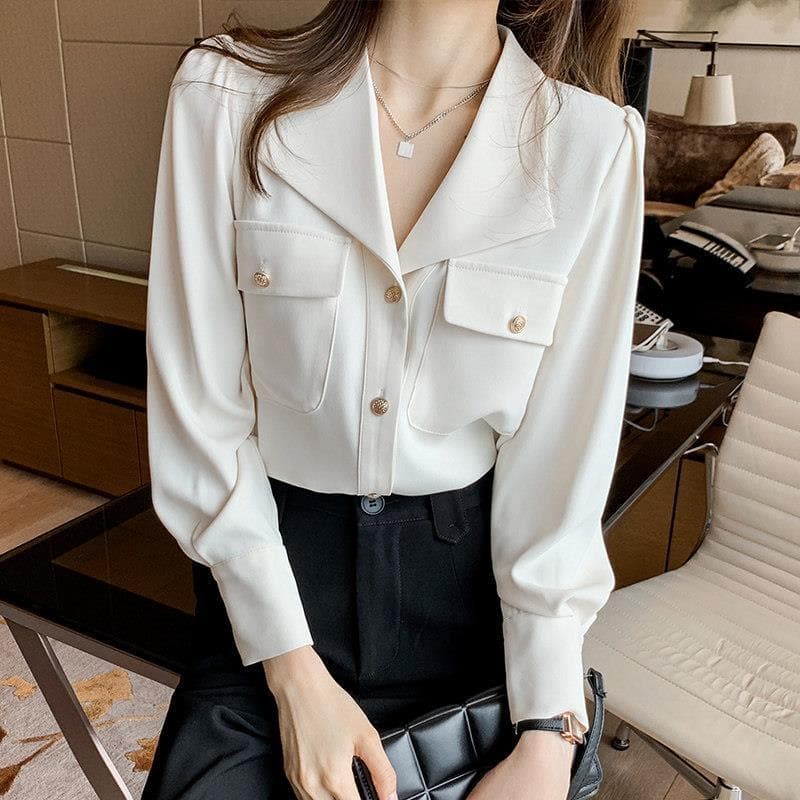 Designer Women's Shirt, Niche Style, 2026 Spring/Autumn New French V-Neck High-End Chiffon Blouse, Elegant Professional Top