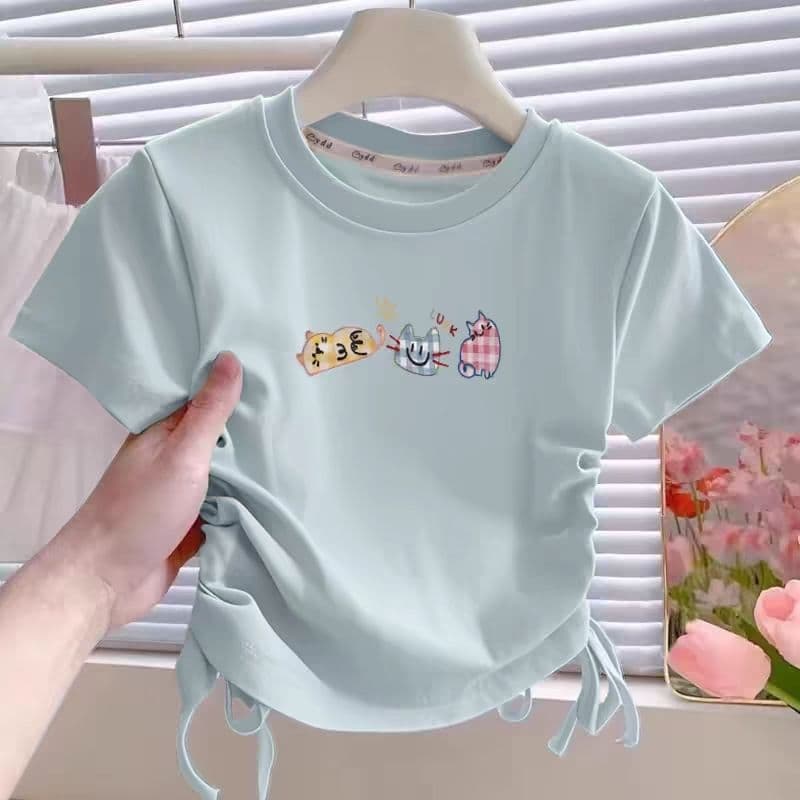 Girls' Short-Sleeve T-Shirt 2026 Summer New Stylish Children's Drawstring Top Pure Cotton Tee Base Shirt Trendy T-Shirt