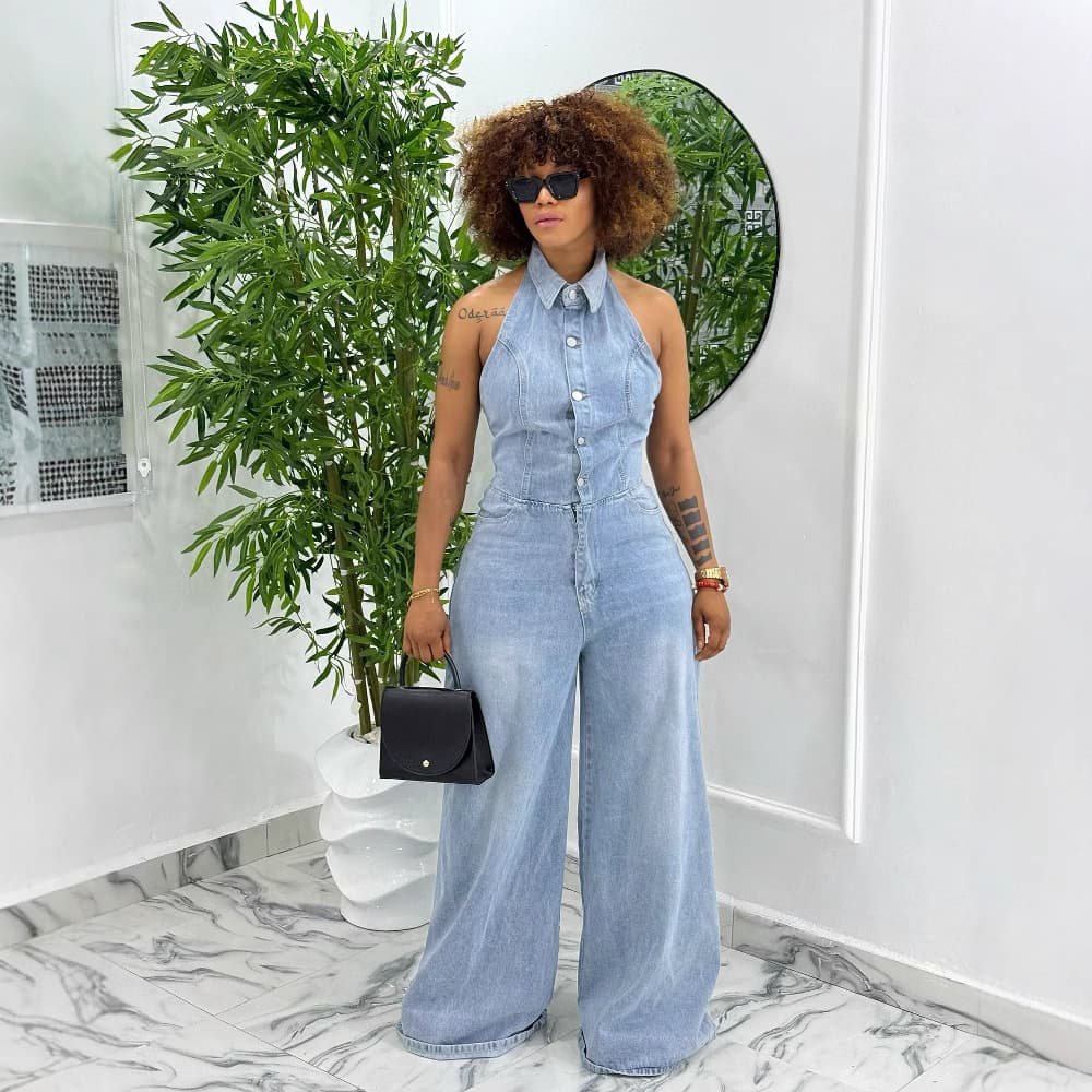 YLN0647 Cross-border Independent Station Amazon 2025 New Sexy Backless Halter Long Washed Denim Jumpsuit