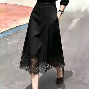 Black Lace Patchwork Skirt Women's 2026 Summer New High-Waist Slimming Fashion A-Line Skirt