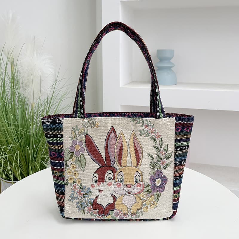 Embroidered Canvas Tote Bag for Work University Student Handbag Soft Square Zipper Closure City Chic Style Small Size Bag