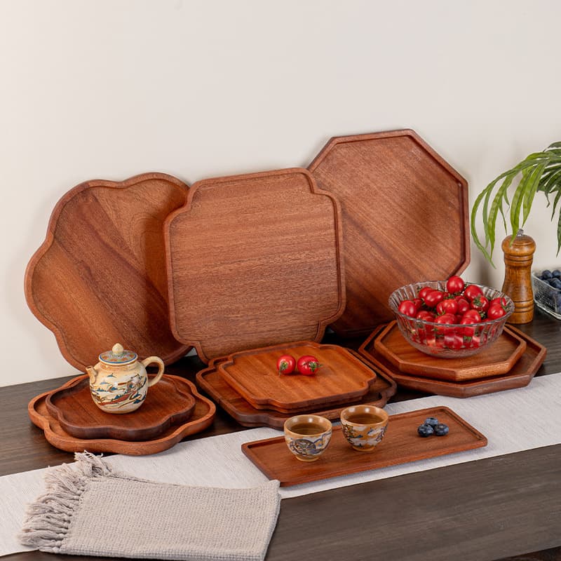 Ebony Plum Blossom Plate Wooden Tray Wooden Plate Japanese Style Square Dinner Plate Tea Tray Octagonal Fruit Plate Cake Bread Plate Wooden Dish