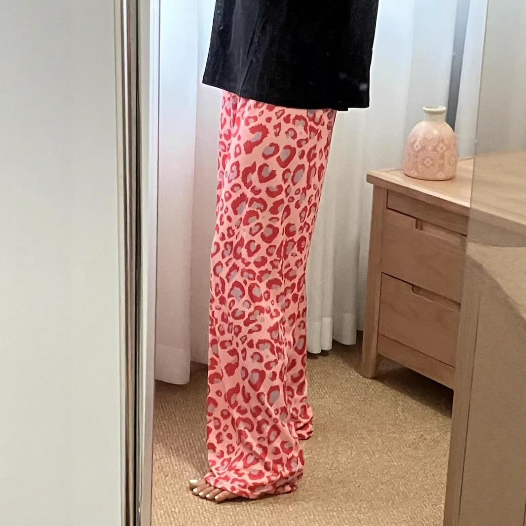 Pink Leopard Print Cool Pants Summer New Printed Wide Leg Pants Women's High Waist Thin Loose Draping Floor-Mopping Walking Pants
