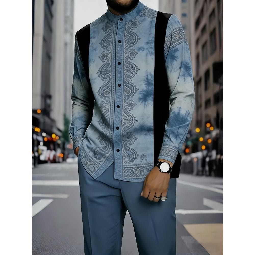 Cross-border Export Men's 3D Digital Print Spring Autumn Ethnic Style Striped Outdoor Casual Long Sleeve Shirt and Pants Set