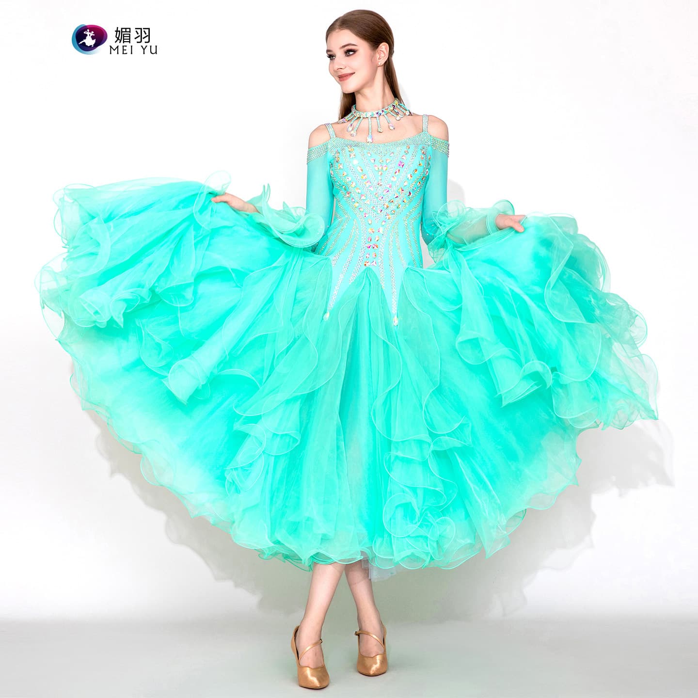 Serene Lake Green! MY944 Rhinestone Modern Dance Skirt Dress Modern Dance Waltz Performance Competition Costume
