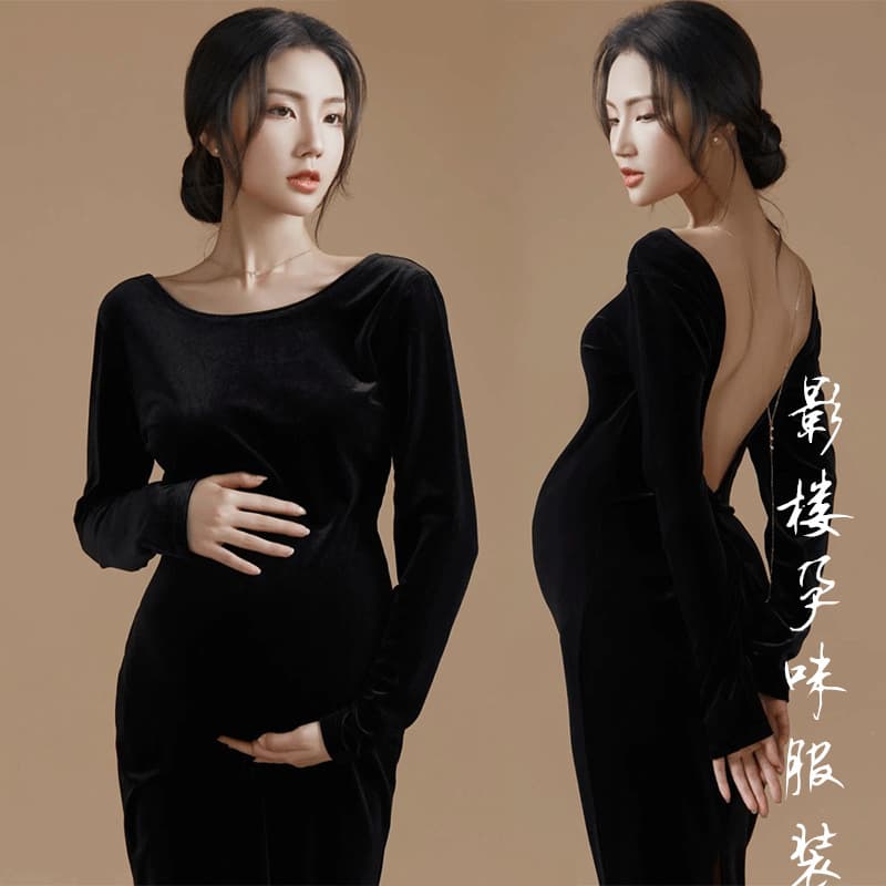 New Studio Maternity Photography Dress Slimming Black Velvet Vintage Cheongsam Dress for Pregnant Women Photo Shoot