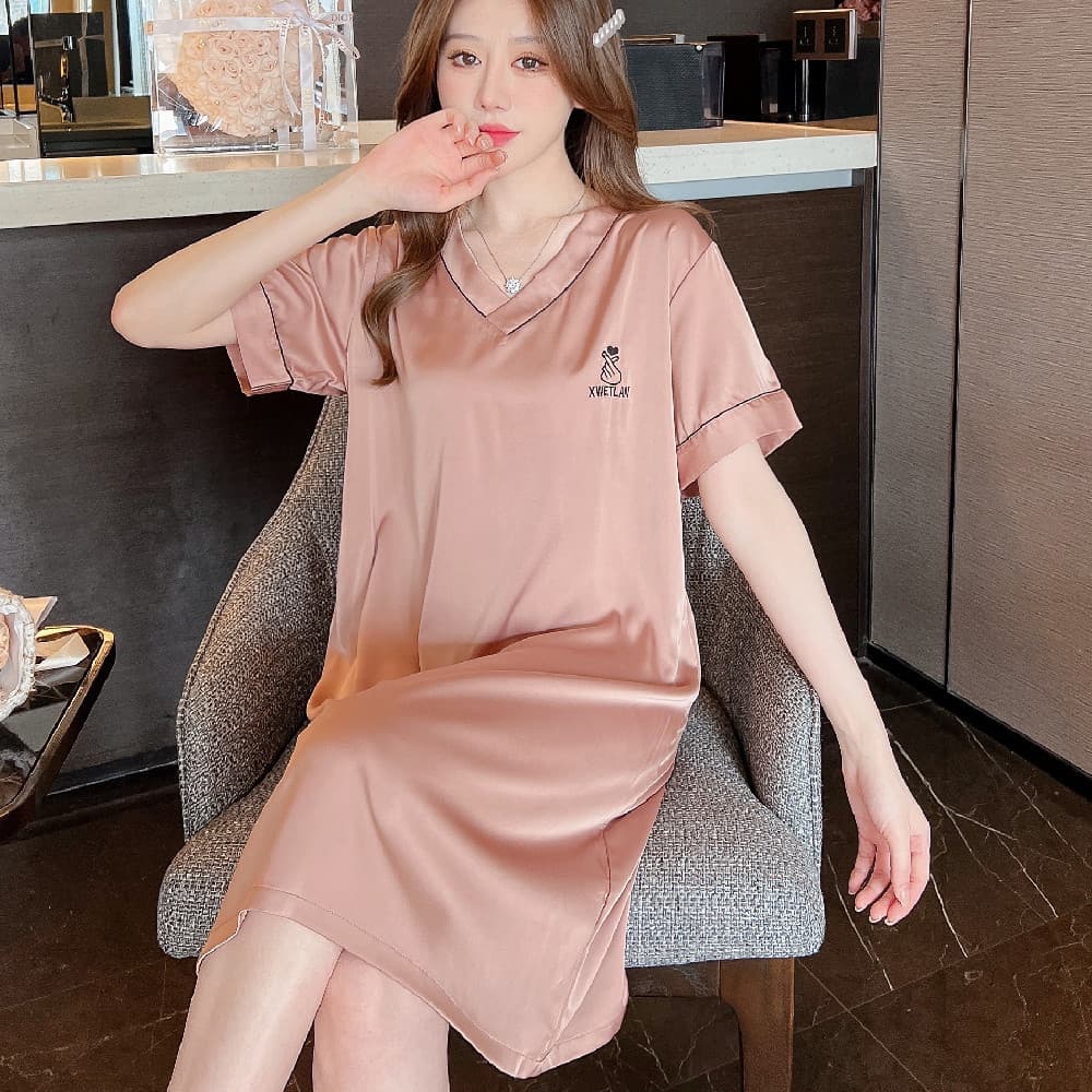 Ice Silk Nightgown Women Summer Sexy Sleepwear Loose 2026 New Plus Size Ladies Short Sleeve Homewear