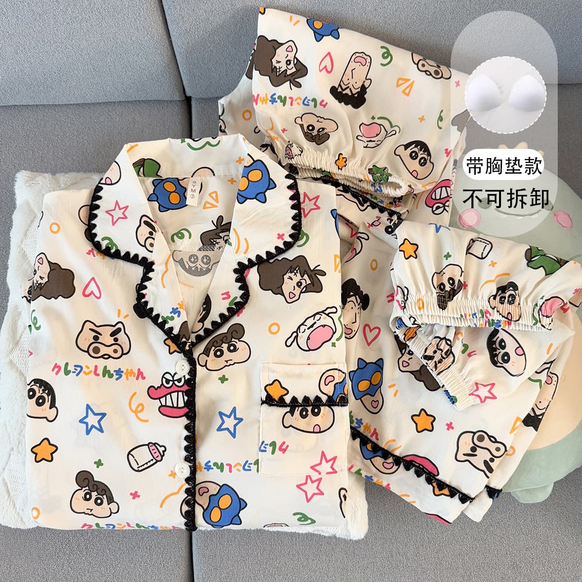 New Cartoon Shin-Chan Student Pajamas for Women, Spring and Summer Short-Sleeved Shorts Set, Loose Large Size Home Clothes Three-Piece Set