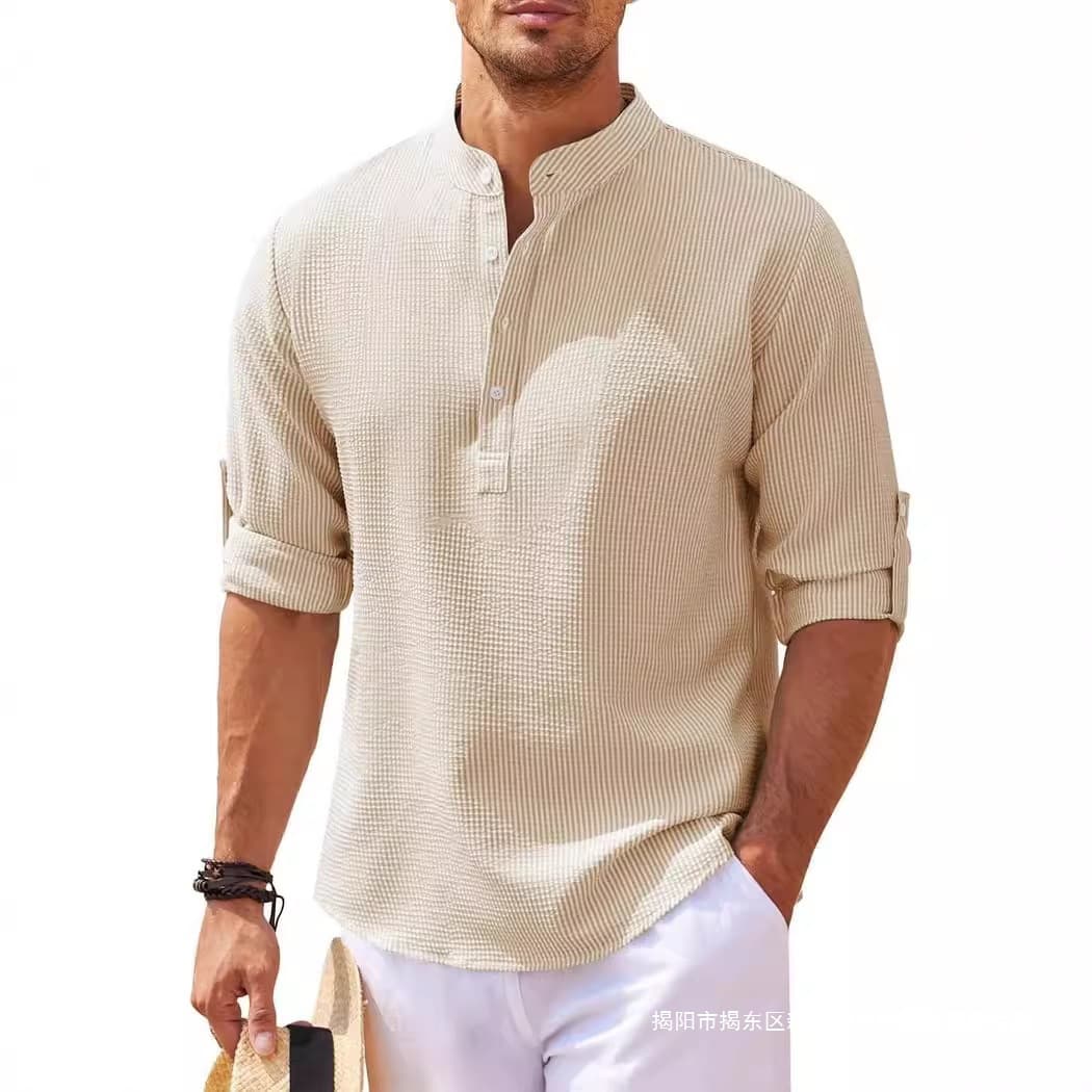 Wholesale in stock 2026 European and American men's shirt long sleeve stand collar button plaid short sleeve men's casual top