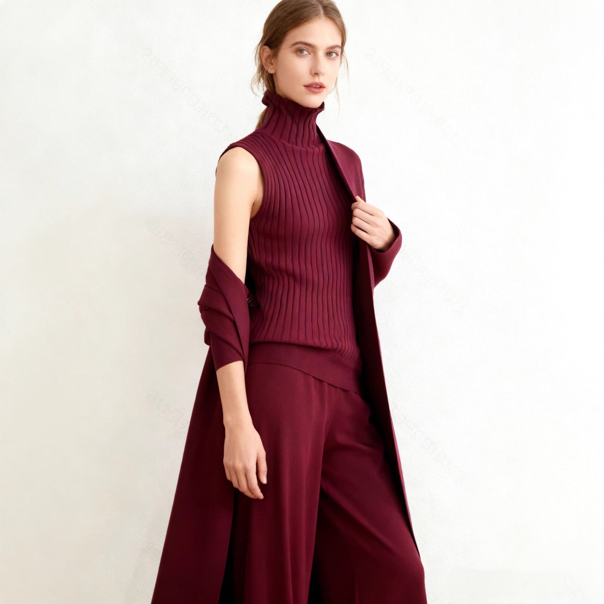 Women's Three-Piece Layering Set: High-Neck Vest, Sweater Cardigan, and Pants