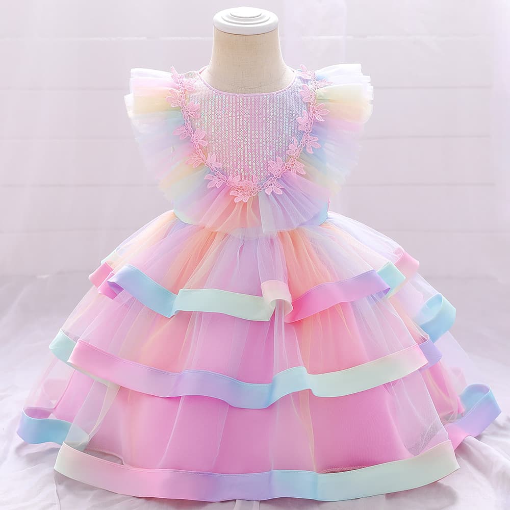 2024 Toddler Girl's Tulle Rainbow Color-Block Princess Dress Puffy Cake Dress Flower Girl Gown