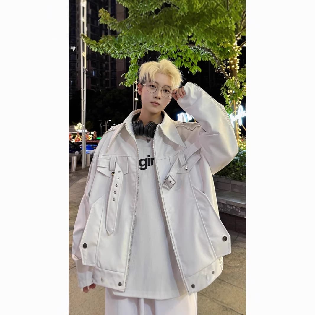 American Metal Deconstruction PU Leather Jacket for Men Spring Autumn Ins Hip Hop Street Loose Motorcycle Coat