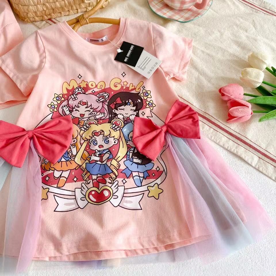 Girls Summer New Cartoon Anime Short Sleeve Tulle Princess Dress Fashion