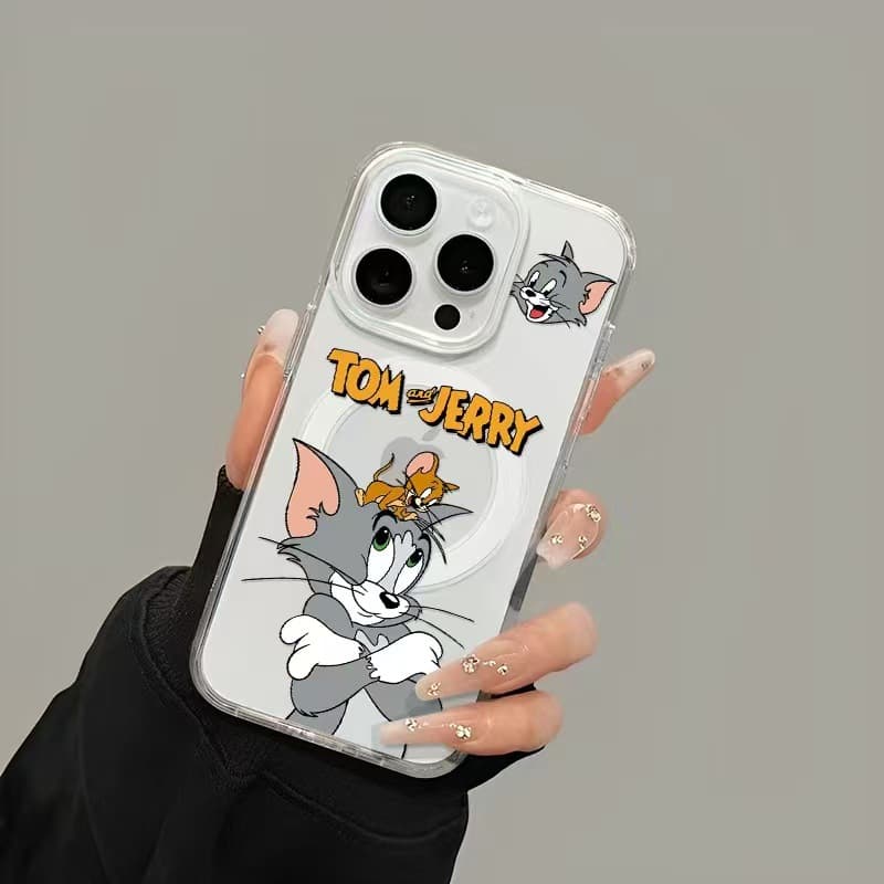 Magnetic Suction Large Hole Tom and Jerry Phone Case for 16 Pro Max 13/12 Protective Cover 11 Transparent Acrylic 17P