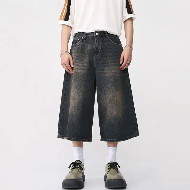 2024 Summer New American Retro Jeans Men Design Sense Loose Wide-Leg Straight-Leg Seven-Point Pants Cross-Border Wholesale