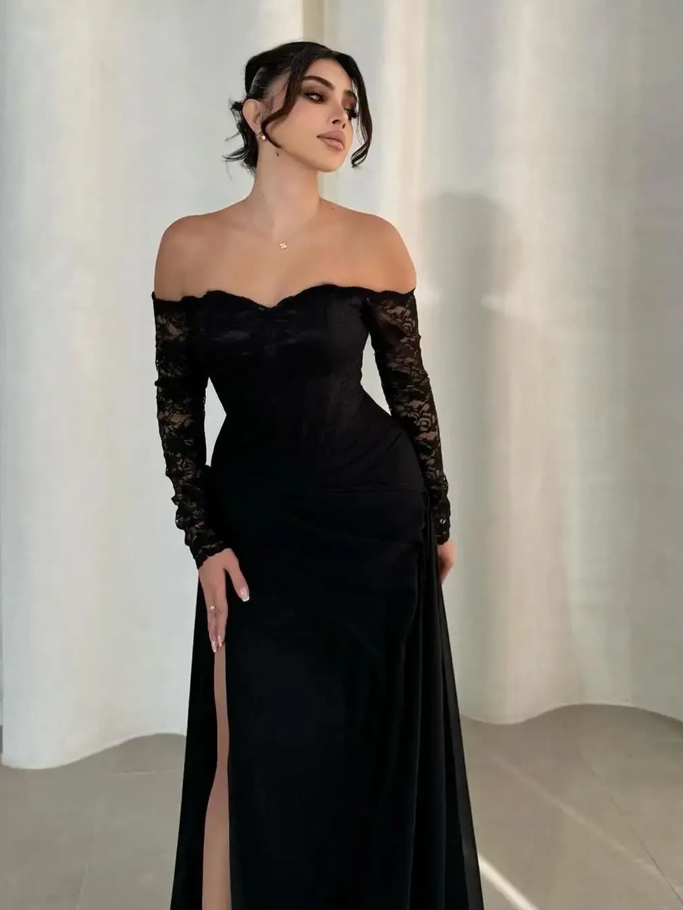813W European and American Women's Dress for Amazon, Sexy Long Sleeve Off-Shoulder Slim Fit Split Dress for Banquet Party