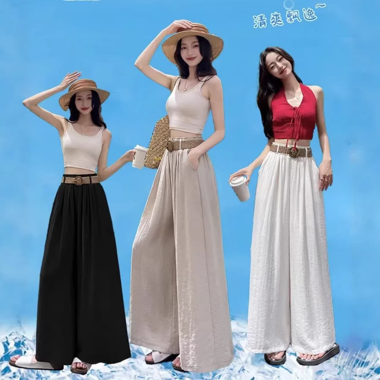 [Free Belt] Bohemian Vintage High-Waist Slimming Wide-Leg Skirt Pants Cotton-Linen Feel Plus Size Floor-Length Pants for Women